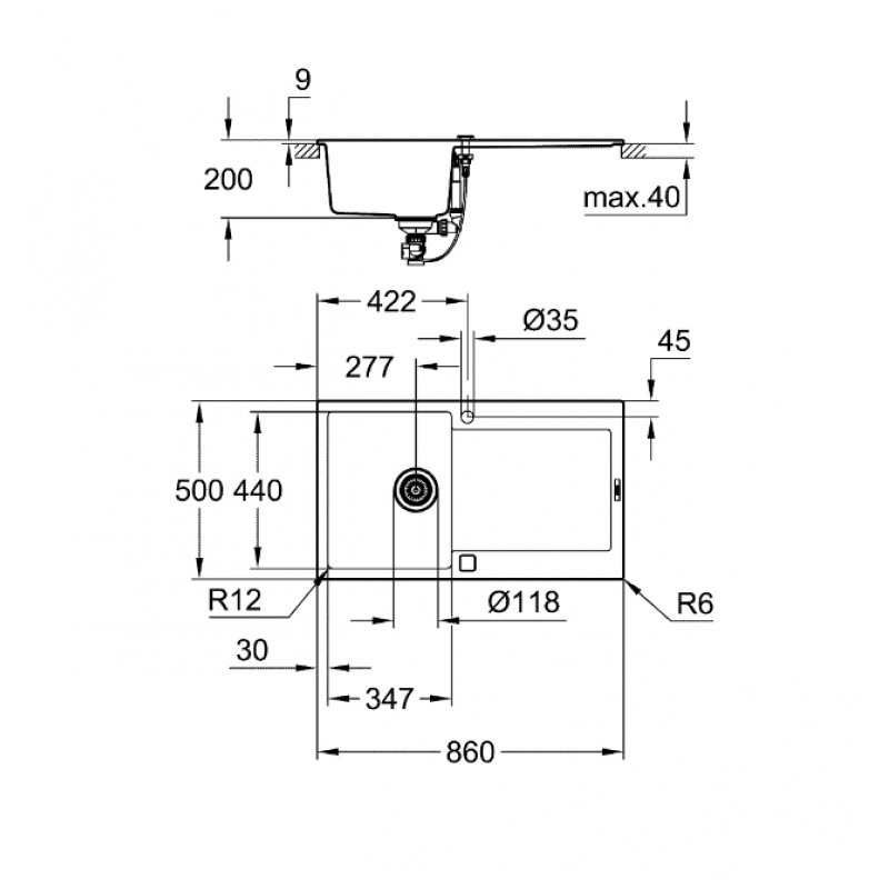Кухненска мивка гранит с отцедник GROHE K500, сив мат - цена: 579.00лв.
